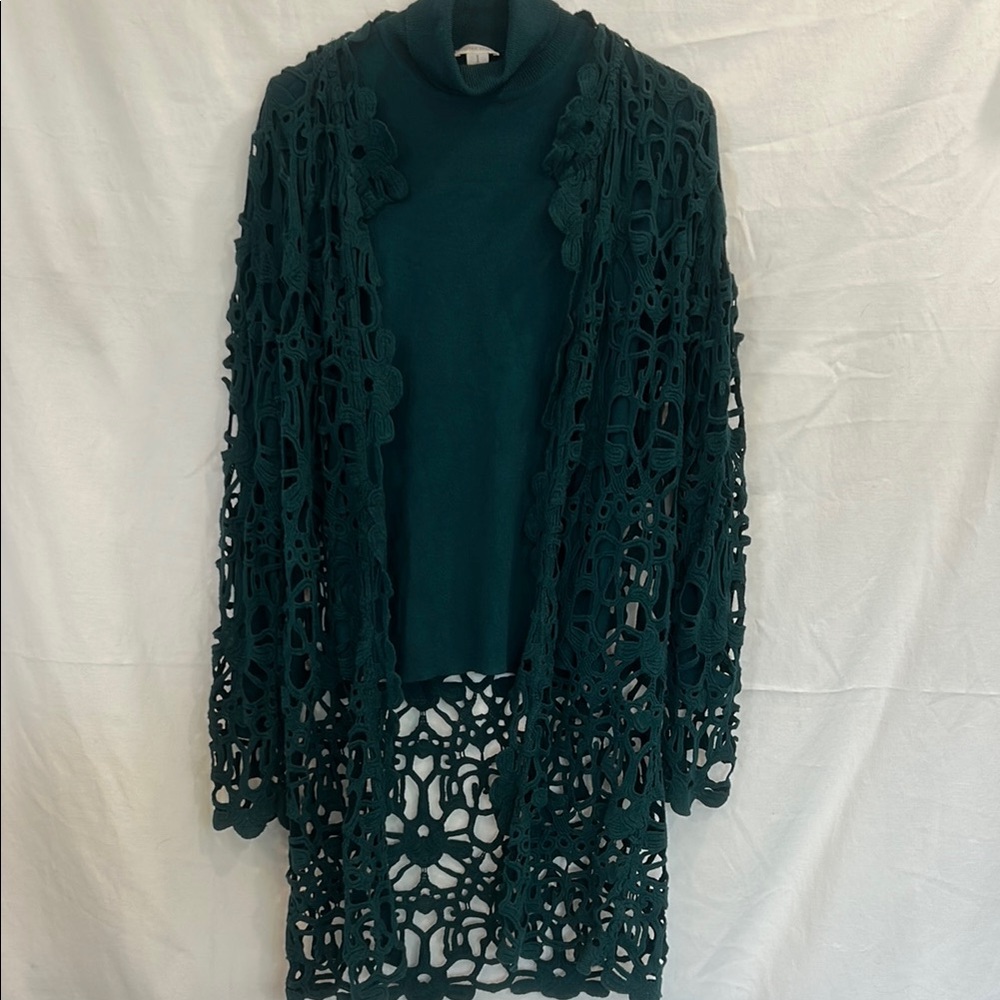 Chico's Teal Green Crochet Cardigan and Turtleneck - Picture 2 of 5